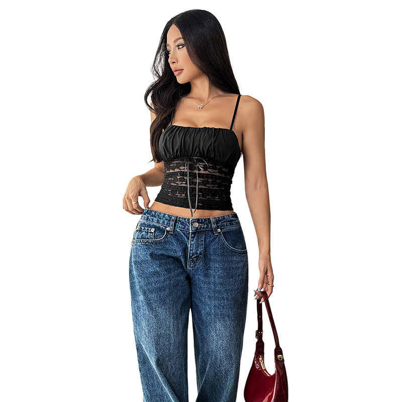 Damen Cropped Elastisch Rüschen Details