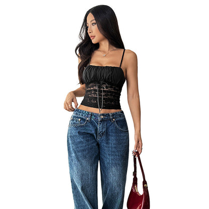 Damen Cropped Elastisch Rüschen Details