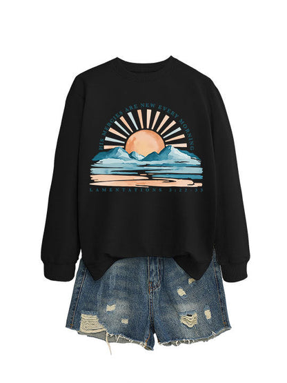 Damen Sweatshirt Lässiger Schnitt Sonnenaufgangsdesign Grau