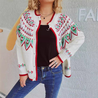 Damen Strickjacke Norweger-Muster Umschlägliche Knopfleiste Eveloria