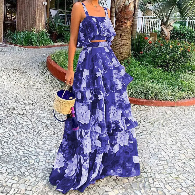Damen Maxi-Rock Gestufter Volant Florales Design