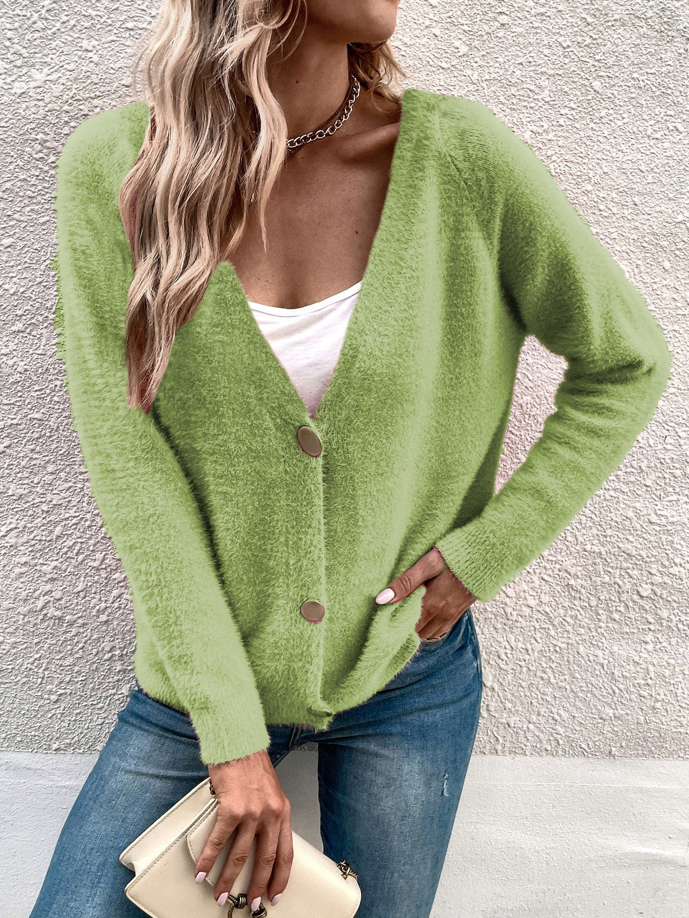 Damen Strickcardigan Weich V-Ausschnitt Große Knöpfe Beige