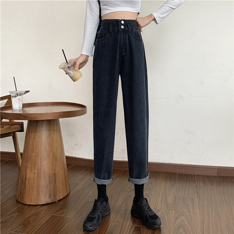 Damen Mom-Jeans Hochtaillierte Abnehmbare Säume Blau Eveloria