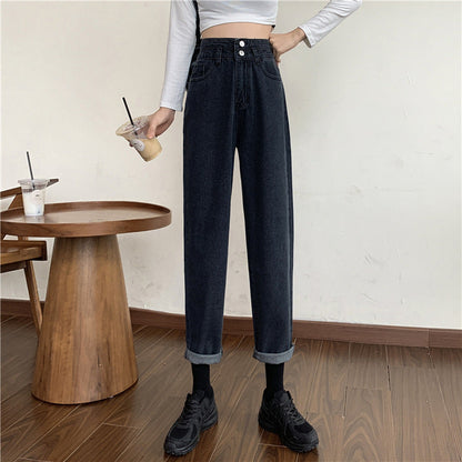 Damen Mom-Jeans Hochtaillierte Abnehmbare Säume Blau Eveloria