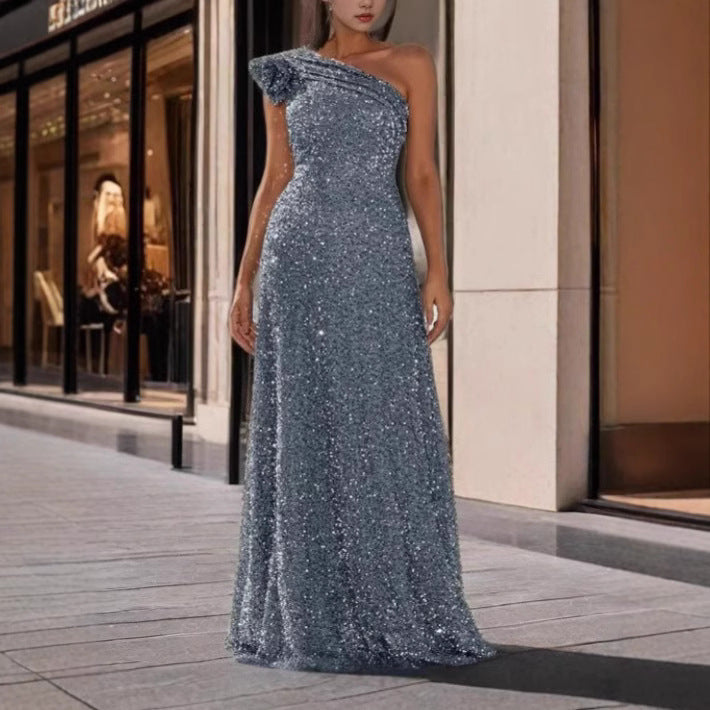 Damen Maxikleid Schulterfrei Pailletten
