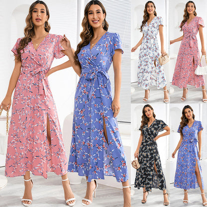 Damen Maxi-Kleid Floralmuster Taillengürtel - Eveloria