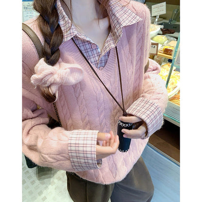 Damen Grobstrickpullover V-Ausschnitt Zopfmuster Eveloria