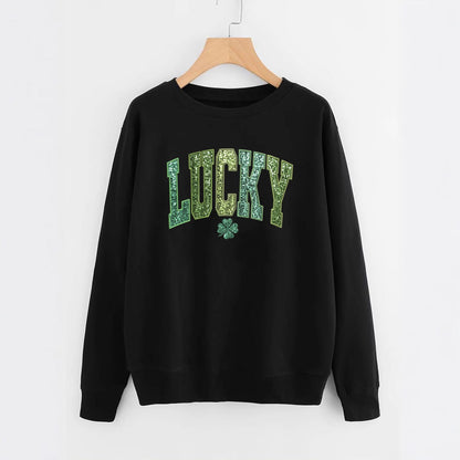 Damen Sweatshirt Glitzernd Kleeblattmotiv Grau Eveloria