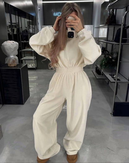 Damen Fleece-Jumpsuit Hochkragen Reißverschluss Eveloria