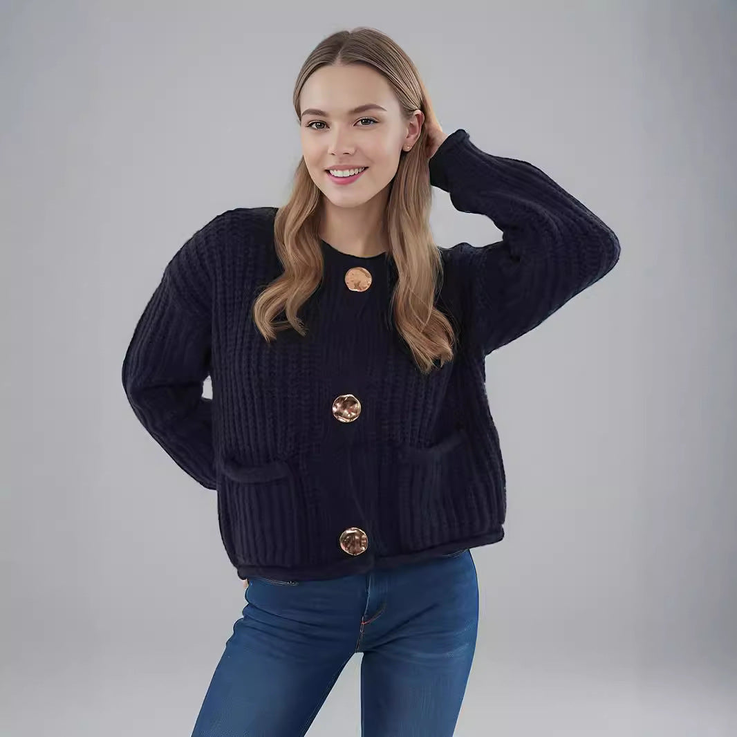 Damen Strickjacke Großknöpfe Aufgesetzte Taschen Kuschelig Braun