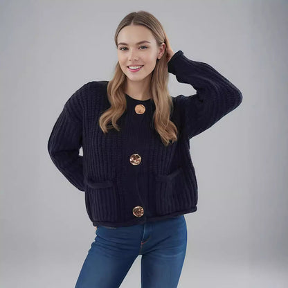 Damen Strickjacke Großknöpfe Aufgesetzte Taschen Kuschelig Braun