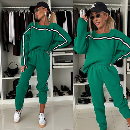 Damen Fleece-Lounge-Set mit Seitentaschen Kontraststreifen Grau