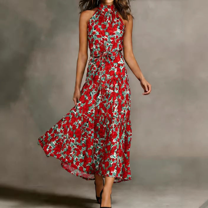 Damen Maxikleid Floralmuster Schmal Taillengürtel Eveloria - Eveloria