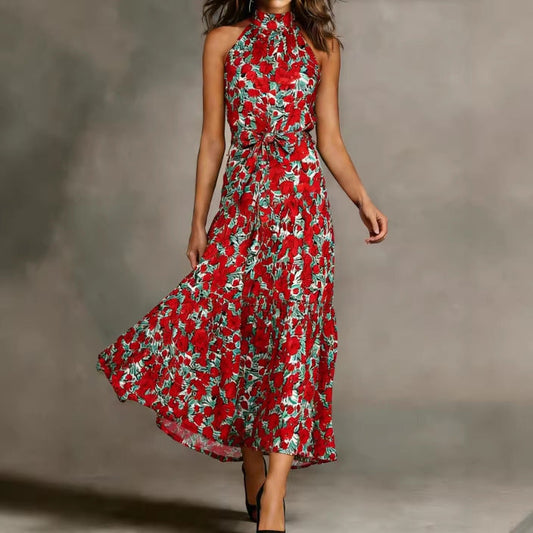 Damen Maxikleid Floralmuster Schmal Taillengürtel Eveloria - Eveloria