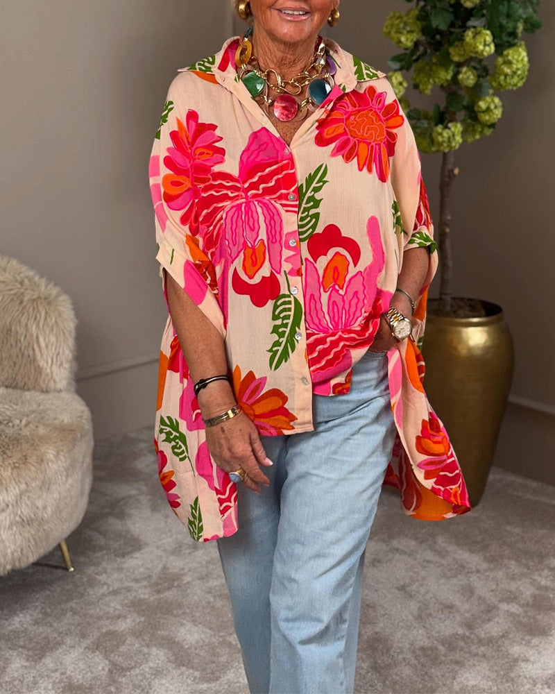 Damen Kimono Bluse Bunt Blumen Design