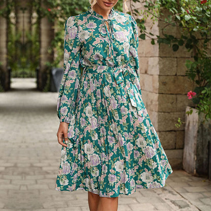 Damen Blumenkleid Midi mit Taillenband und Kragen - Eveloria