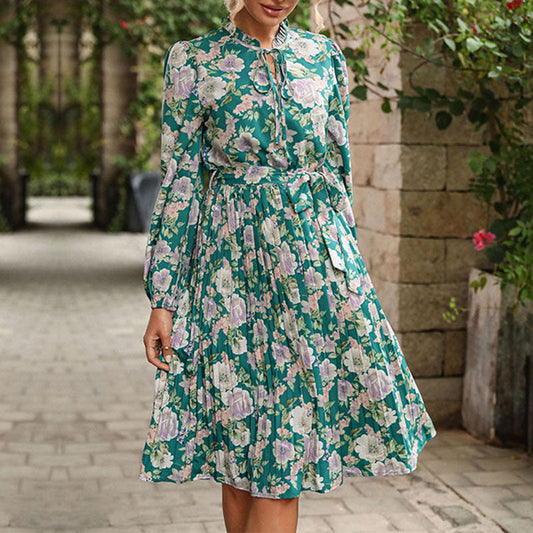 Damen Blumenkleid Midi mit Taillenband und Kragen - Eveloria