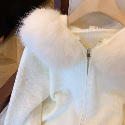 Damen Strickjacke Abnehmbarer Kunstfellkragen Eveloria