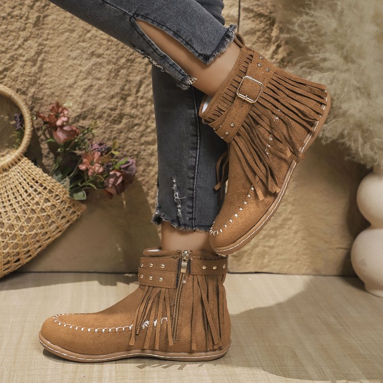 Damen Stiefeletten mit Fransen und Reißverschluss