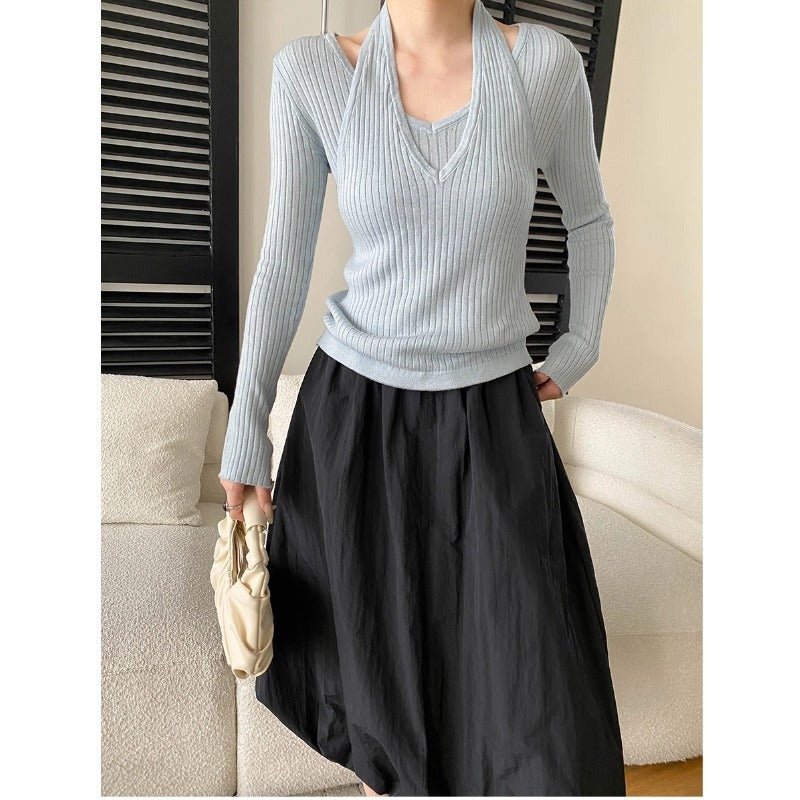 Damen Strickpullover V-Ausschnitt mit Cut-Outs Elegant