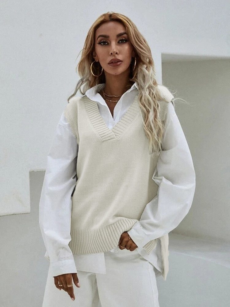 Damen Stricküberwurf V-Ausschnitt Lässig Beige