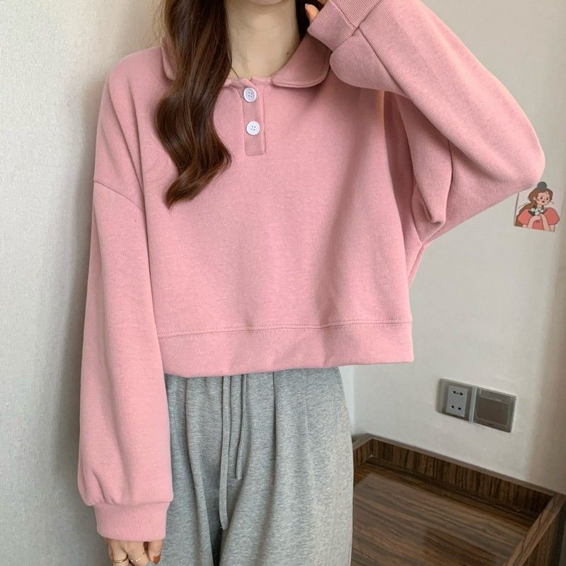 Damen Sweatshirt Kurzarm Modischer Kragen Dekorative Knöpfe