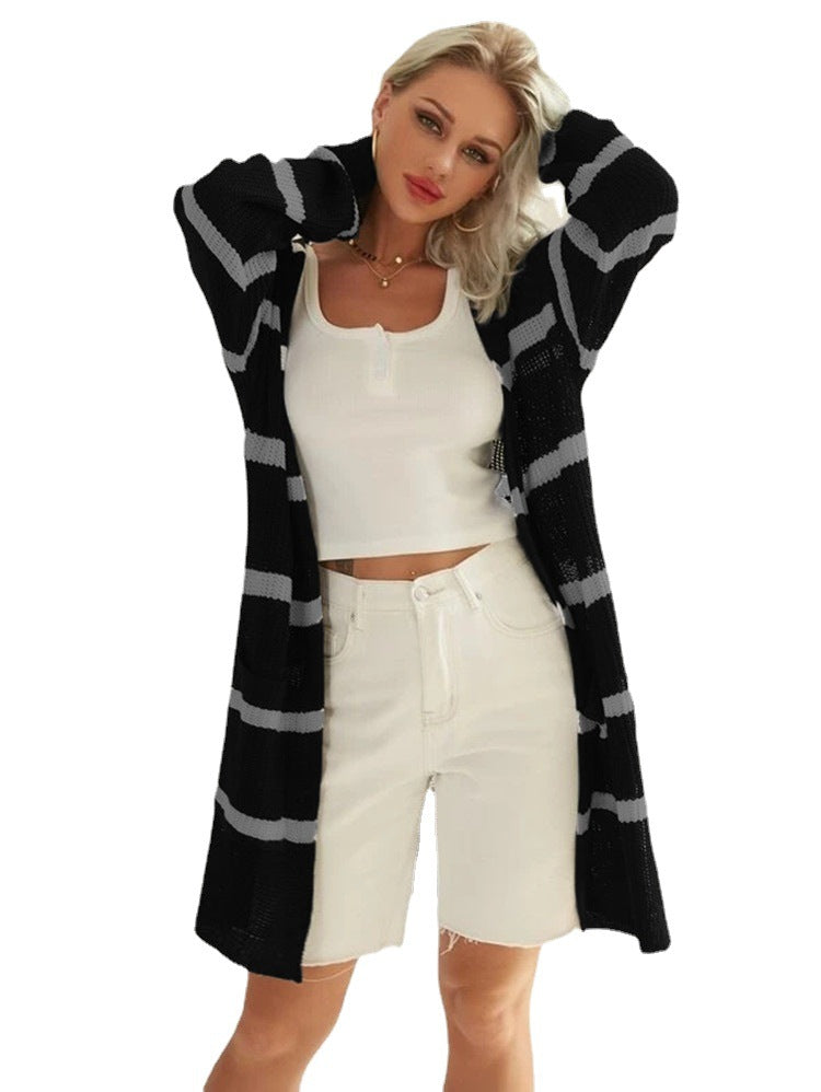 Damen Cardigan Lang Streifen Strick Weiß
