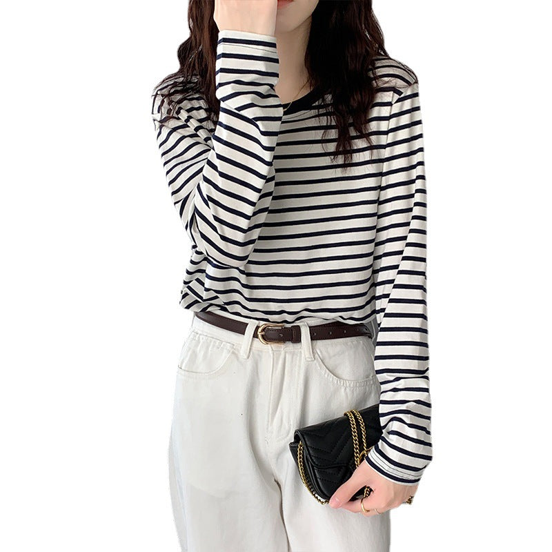 Damen Longsleeve-Shirt Maritimes Streifenmuster Lässig Weiß