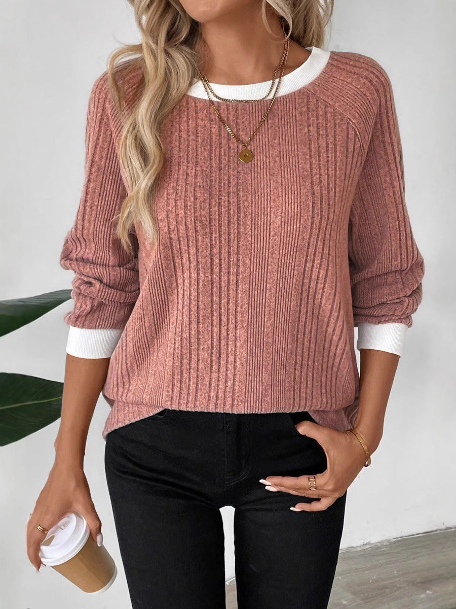 Damen Pullover Rippenstrick Kontrastbesatz Beige