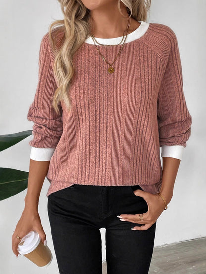 Damen Pullover Rippenstrick Kontrastbesatz Beige