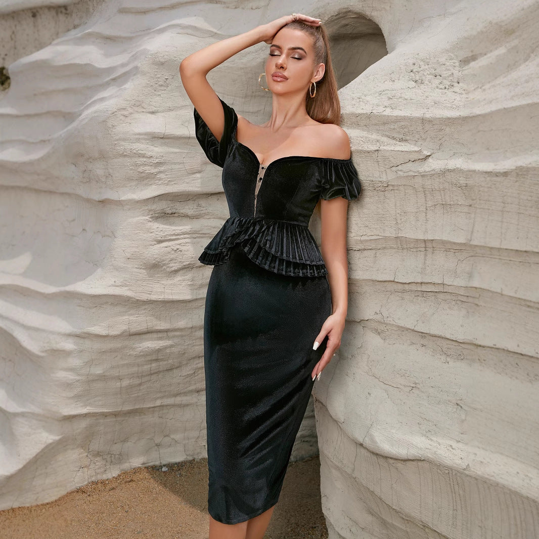 Damen Abendkleid Tailliert Schulterfrei Rüschendetails Eveloria