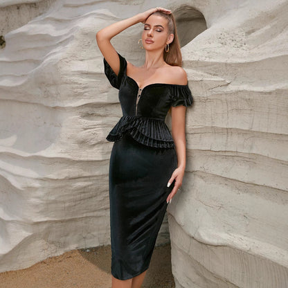 Damen Abendkleid Tailliert Schulterfrei Rüschendetails Eveloria