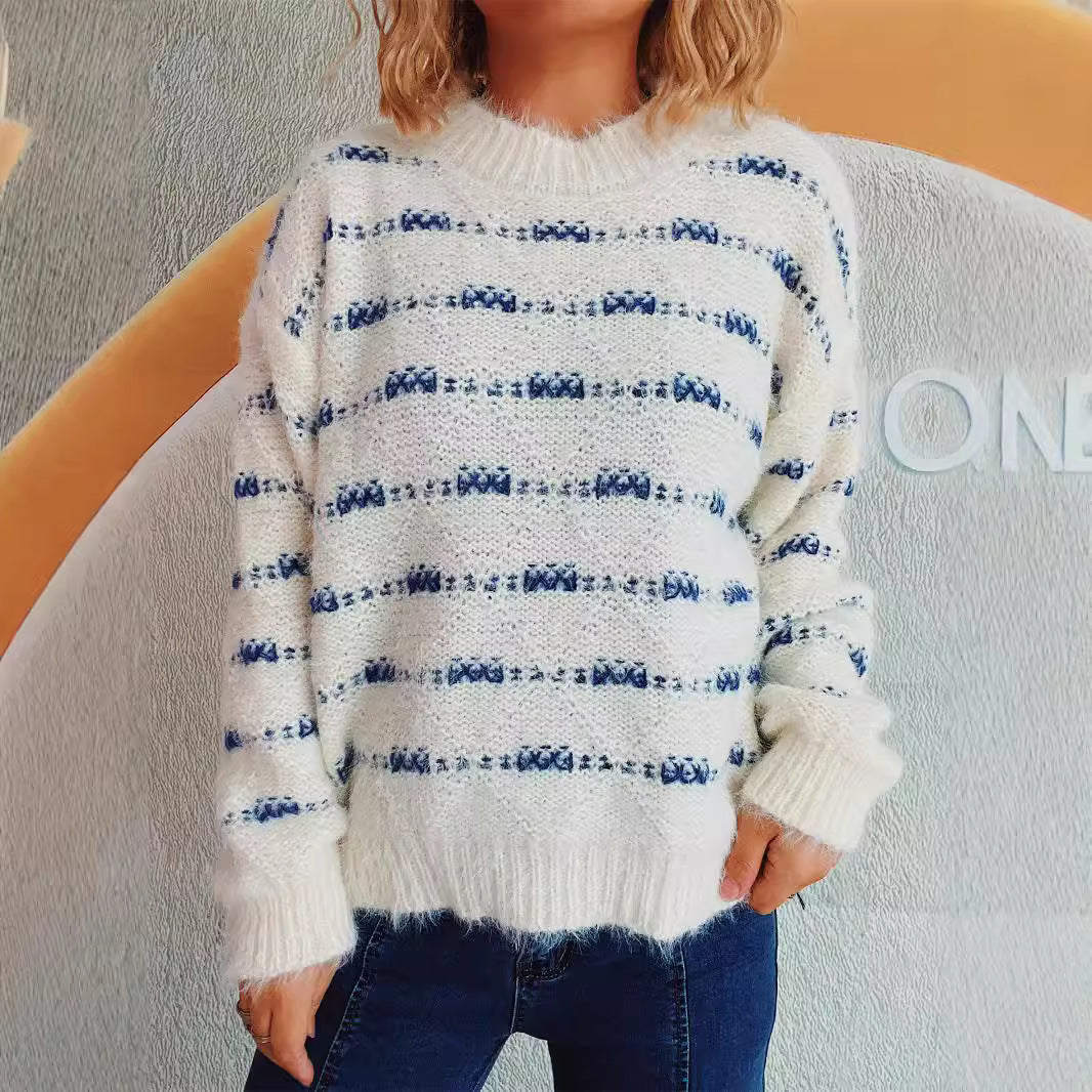 Damen Strickpullover Weich Streifenmuster Eveloria