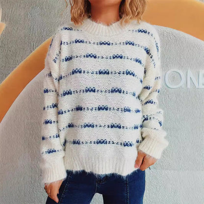 Damen Strickpullover Weich Streifenmuster Eveloria