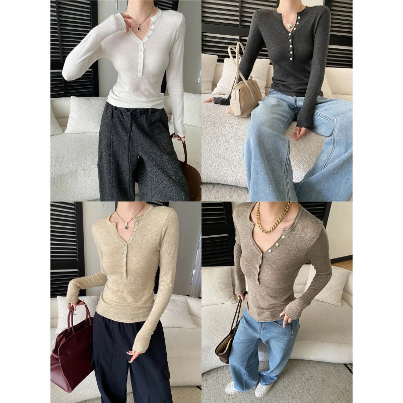 Damen Langarmshirt V-Ausschnitt Dekorative Knöpfe Eveloria