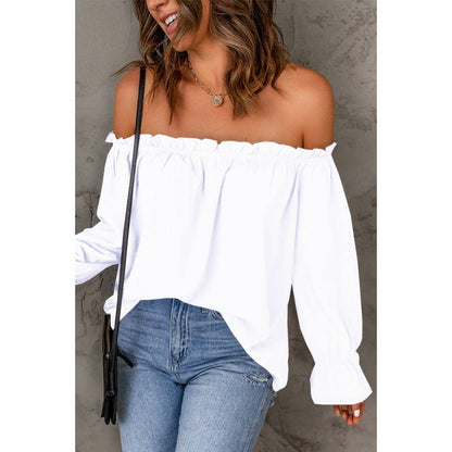 Damen Off-Shoulder Bluse Volantärmel Dekorativer Saum Eveloria