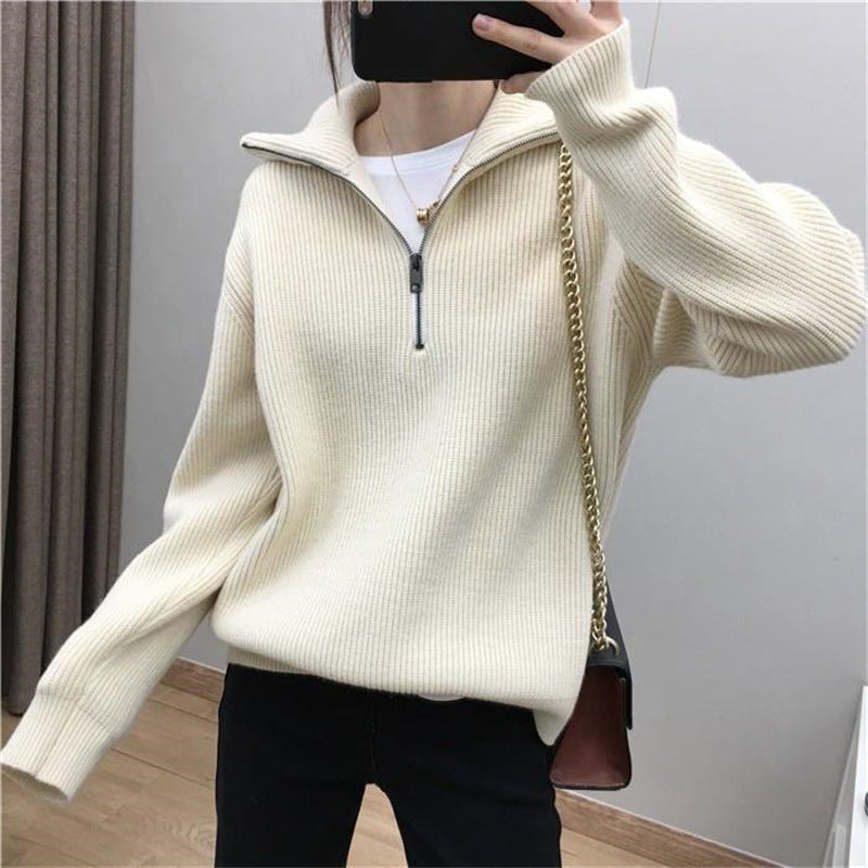 Damen Strickpullover Halb-Reißverschluss Hochkragen Eveloria