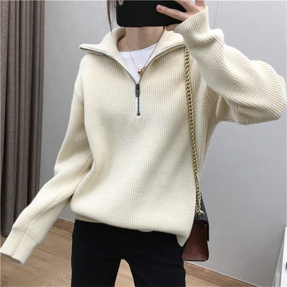 Damen Strickpullover Halb-Reißverschluss Hochkragen Eveloria