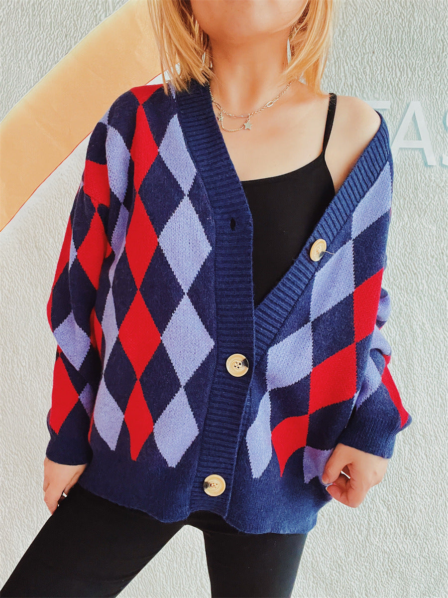 Damen Strickjacke Rautenmuster Große Knöpfe Eveloria