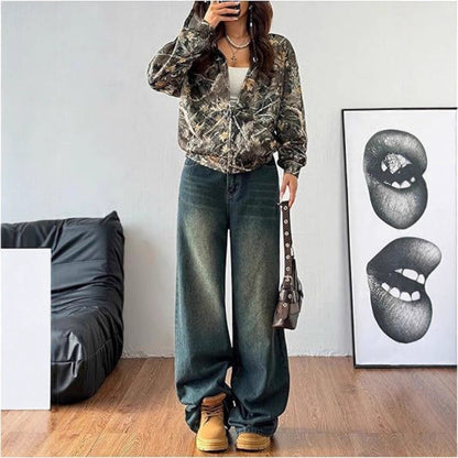 Damen Kapuzenjacke Camouflage Muster Locker Passform