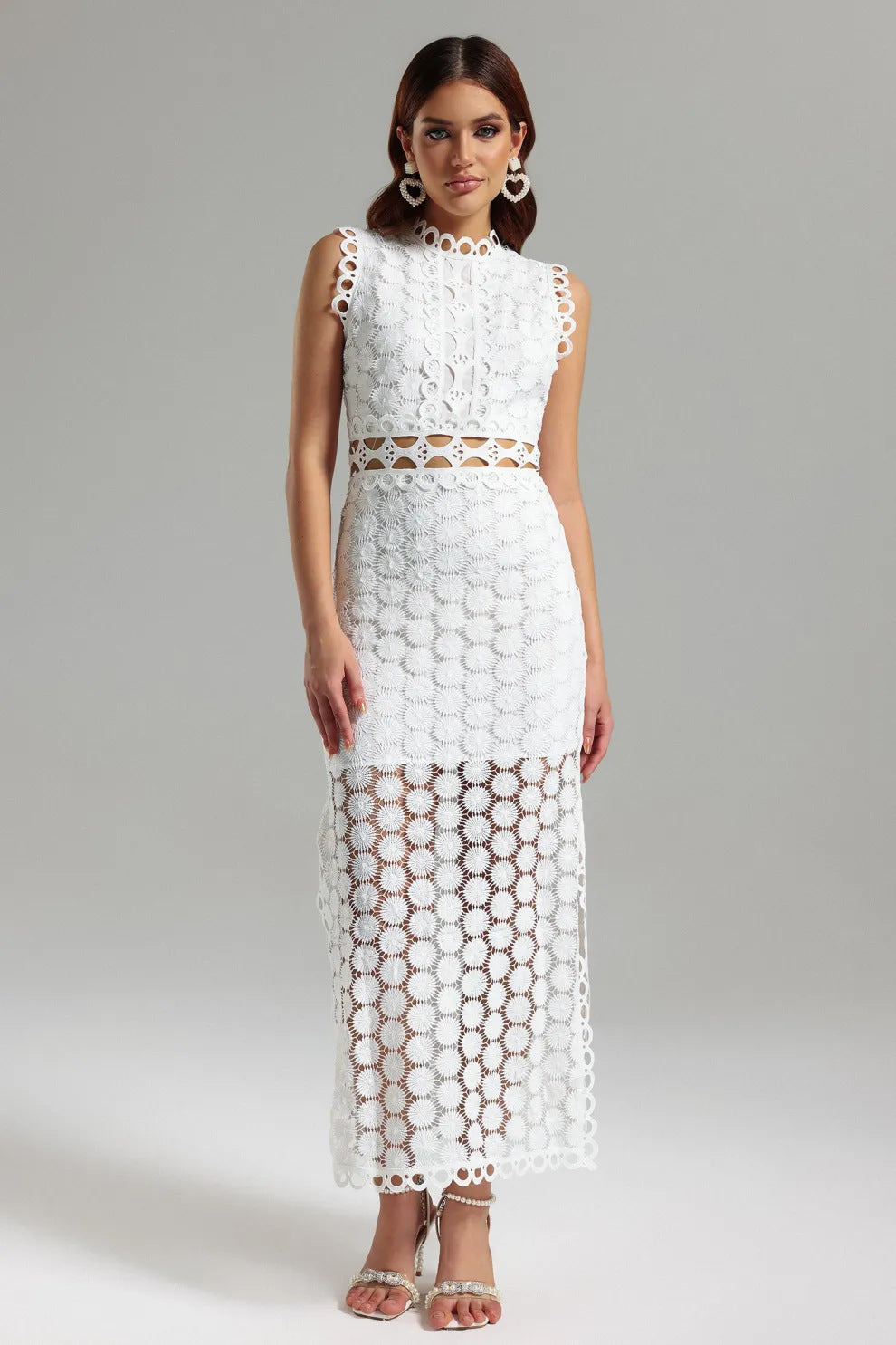 Damen Maxikleid Spitze Transparent Rüschendetails