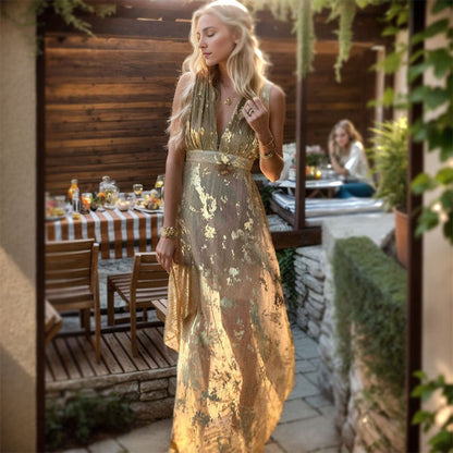 Damen Abendkleid Elegant Fließend Gold Akzente V-Ausschnitt Schwarz - Eveloria