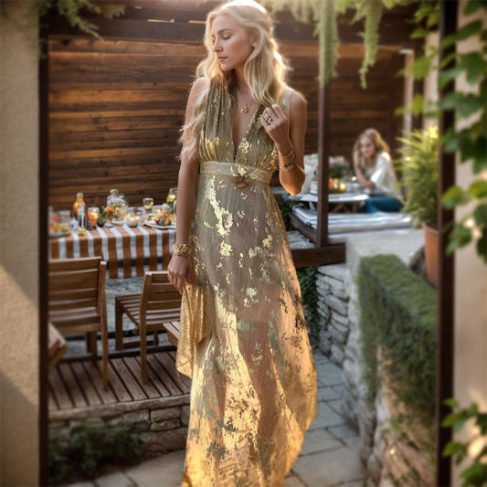 Damen Abendkleid Elegant Fließend Gold Akzente V-Ausschnitt Schwarz - Eveloria