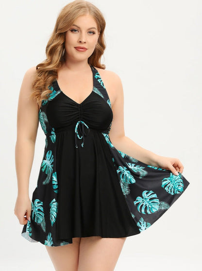 Eveloria Damen Badeanzugkleid Plus Size V-Ausschnitt mit Kreuzträgern