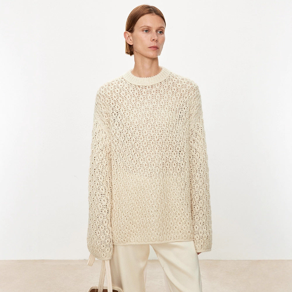 Damen Strickpullover Luftiger Look Offene Struktur Beige