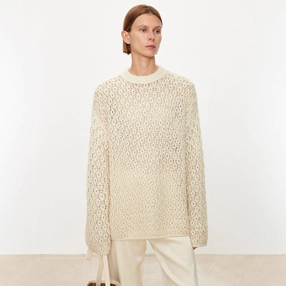 Damen Strickpullover Luftiger Look Offene Struktur Beige