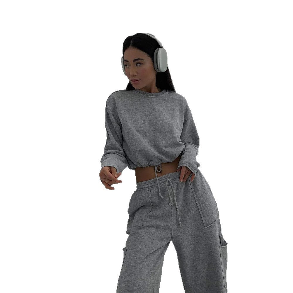 Damen Cropped Sweatpullover Elastischer Bund Beige
