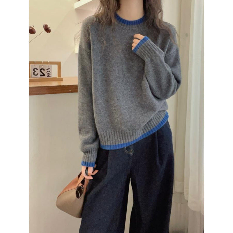 Damen Strickpullover Weich Kontrastbündchen - Eveloria