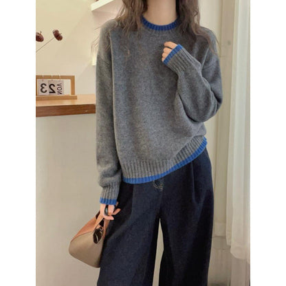 Damen Strickpullover Weich Kontrastbündchen - Eveloria