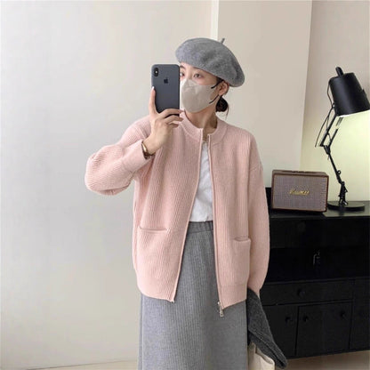 Damen Strickjacke Kuschelig Hochkragen Beige Eveloria